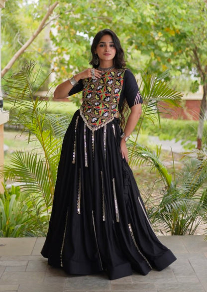 Black Pure Cotton With Gamthi Thread Embroidered Work Lehenga Choli
