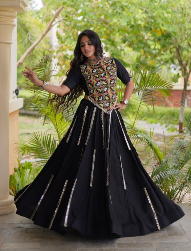 Black Pure Cotton With Gamthi Thread Embroidered Work Lehenga Choli