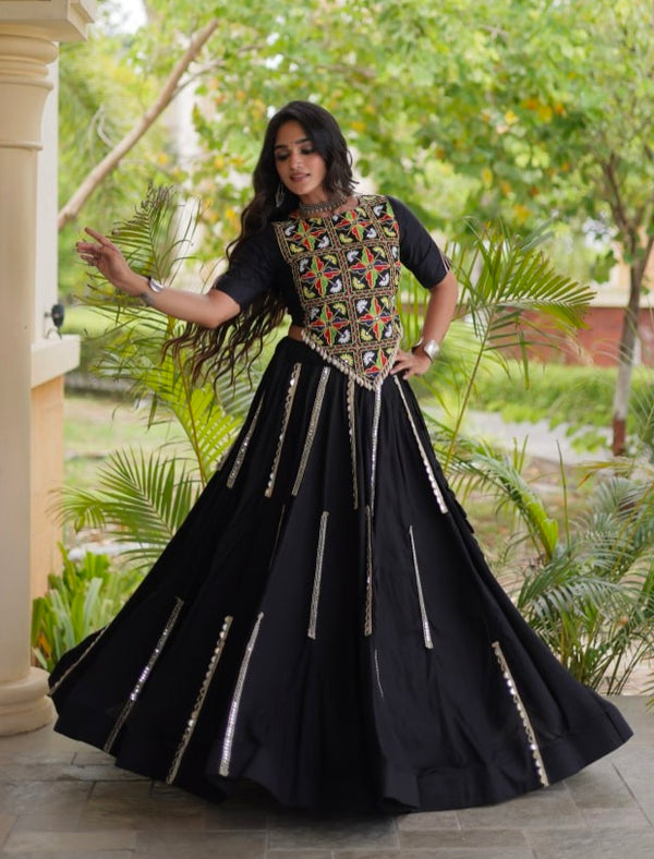Black Pure Cotton With Gamthi Thread Embroidered Work Lehenga Choli