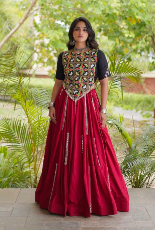 Red Pure Cotton With Gamthi Thread Embroidered Work Lehenga Choli