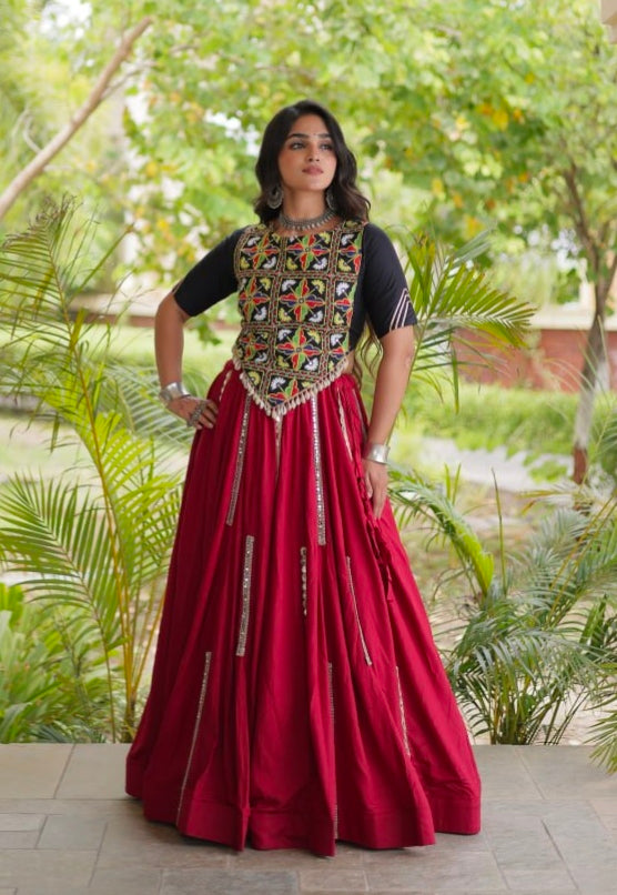 Red Pure Cotton With Gamthi Thread Embroidered Work Lehenga Choli