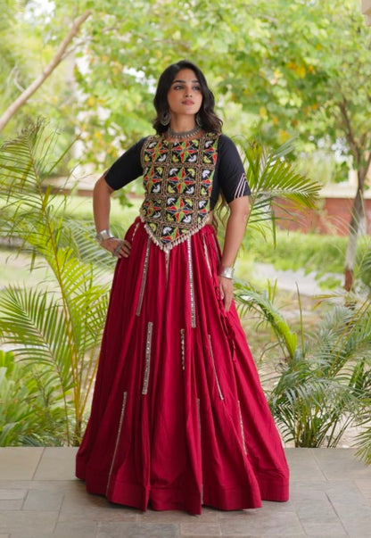 Red Pure Cotton With Gamthi Thread Embroidered Work Lehenga Choli