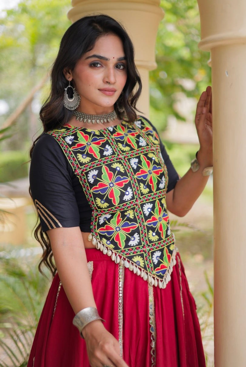 Red Pure Cotton With Gamthi Thread Embroidered Work Lehenga Choli