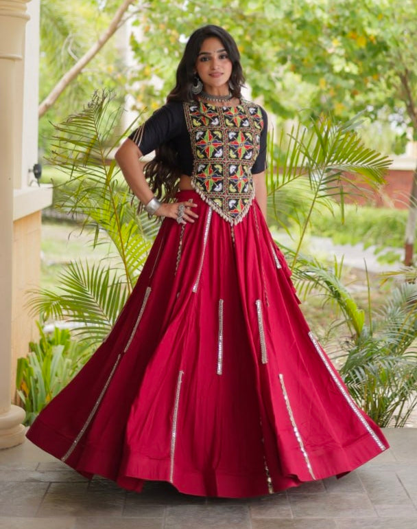Red Pure Cotton With Gamthi Thread Embroidered Work Lehenga Choli