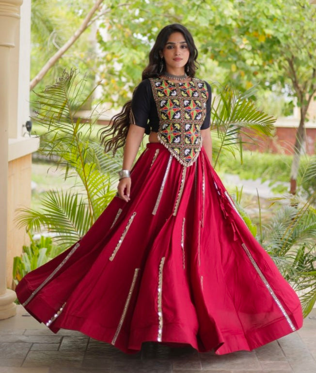 Red Pure Cotton With Gamthi Thread Embroidered Work Lehenga Choli