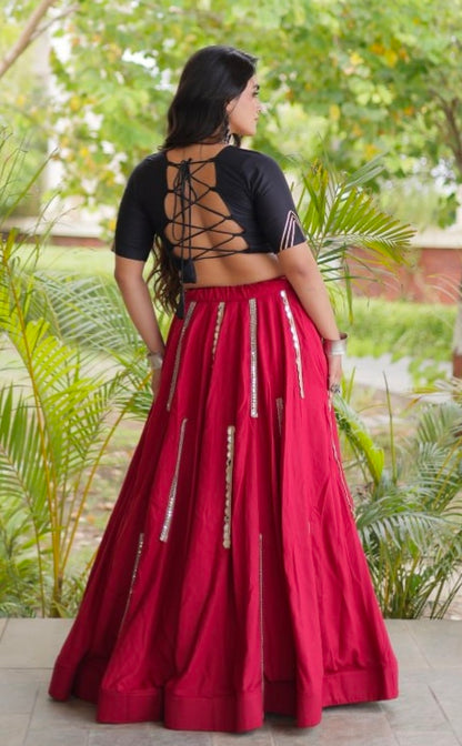 Red Pure Cotton With Gamthi Thread Embroidered Work Lehenga Choli