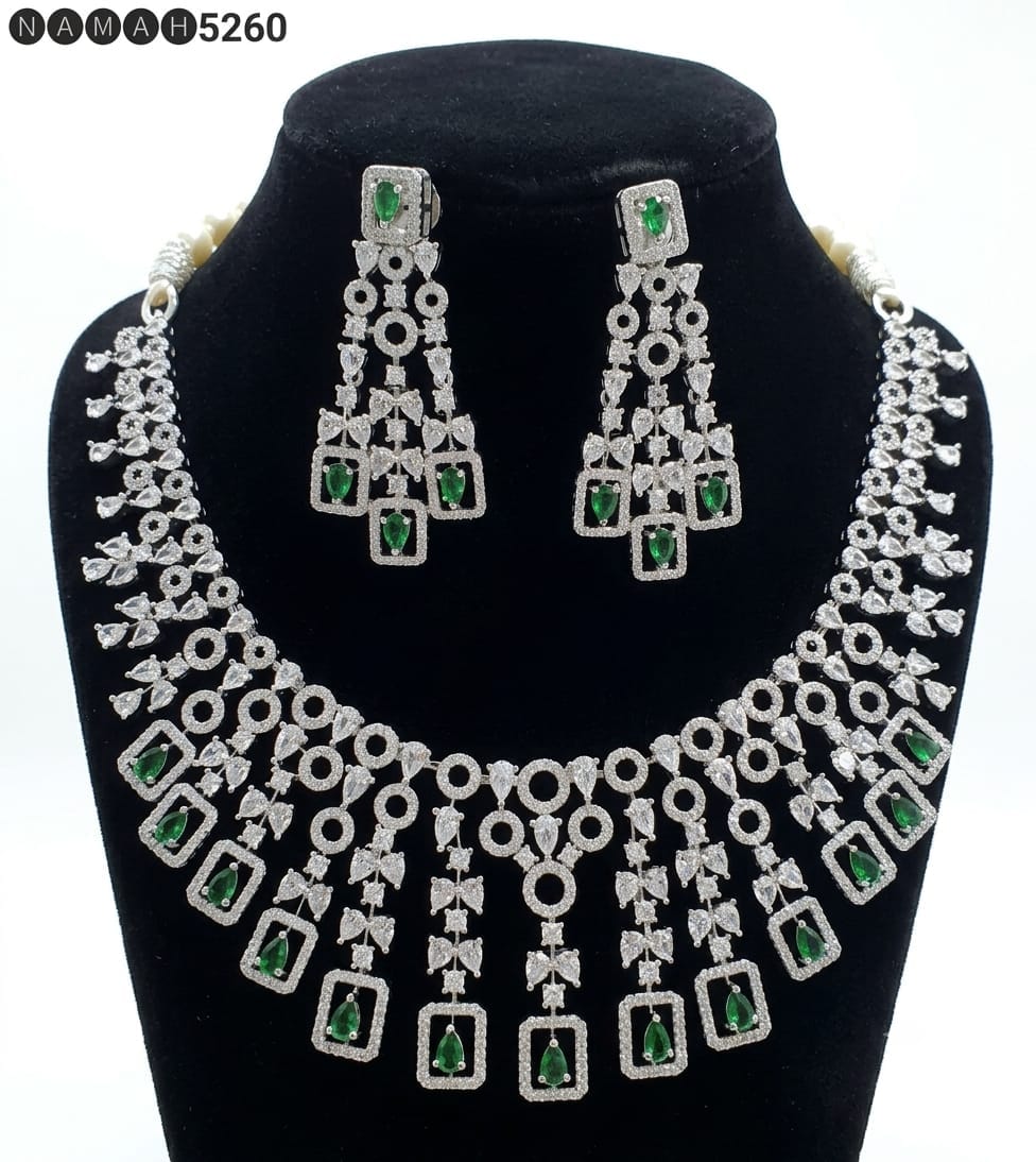 Green American Diamond Necklace Jewellery Set