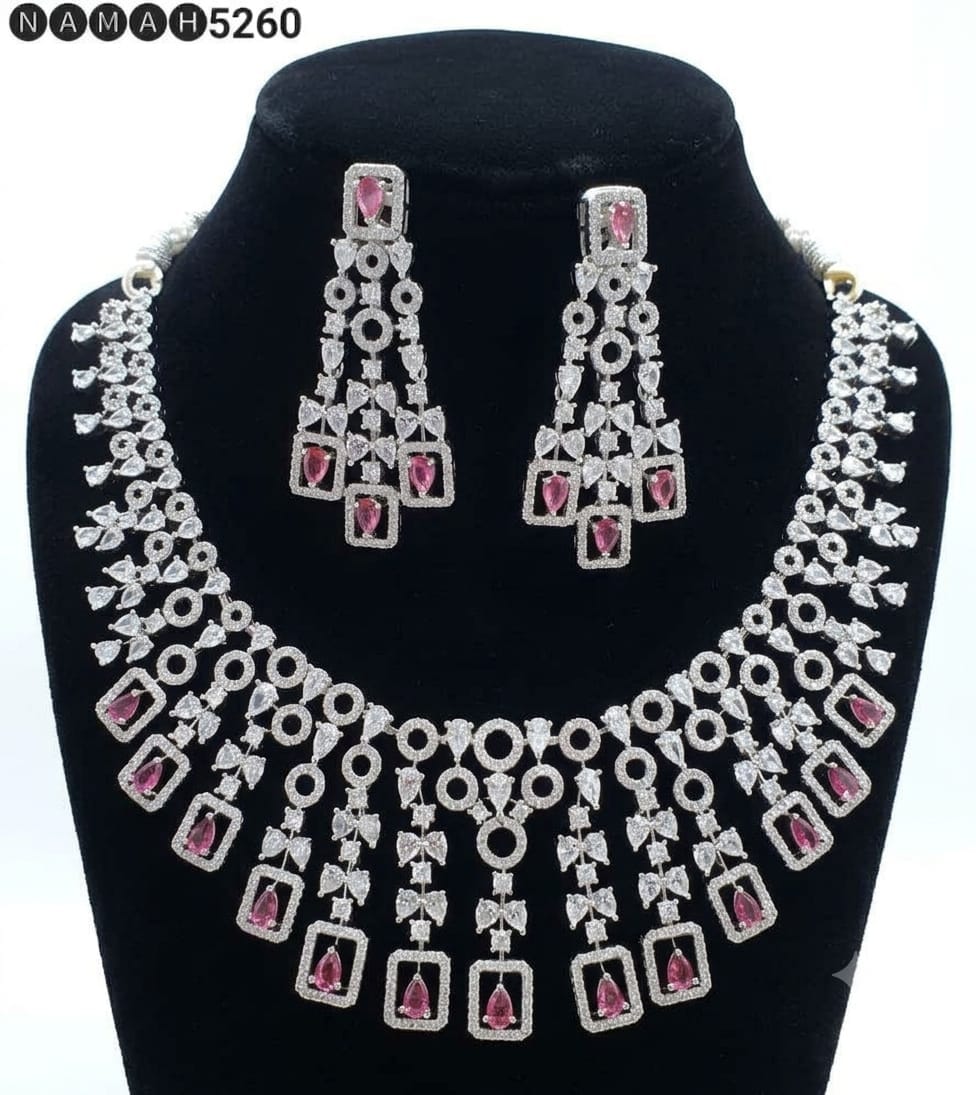 Pink White American Diamond Necklace Jewellery Set