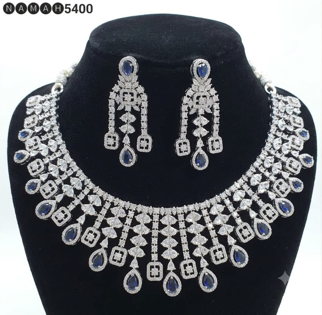 Blue American Diamond Necklace Jewellery Set
