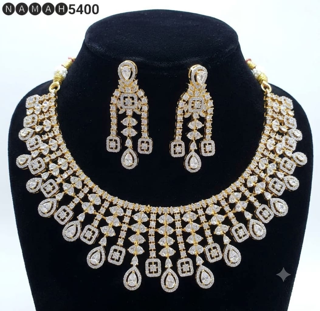 White Gold American Diamond Necklace Jewellery Set