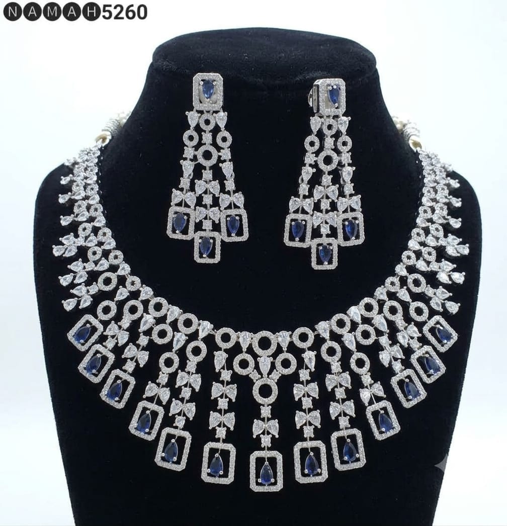 Blue White American Diamond Necklace Jewellery Set