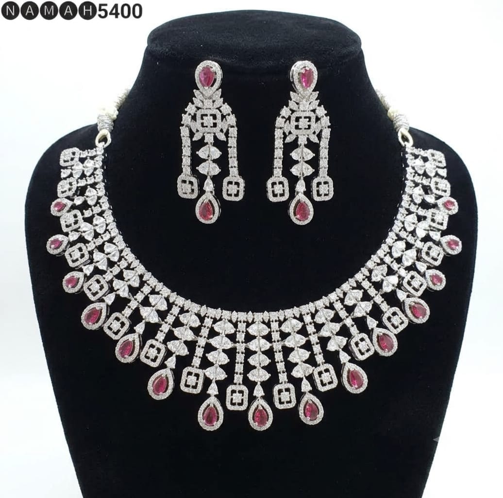 Red American Diamond Necklace Jewellery Set