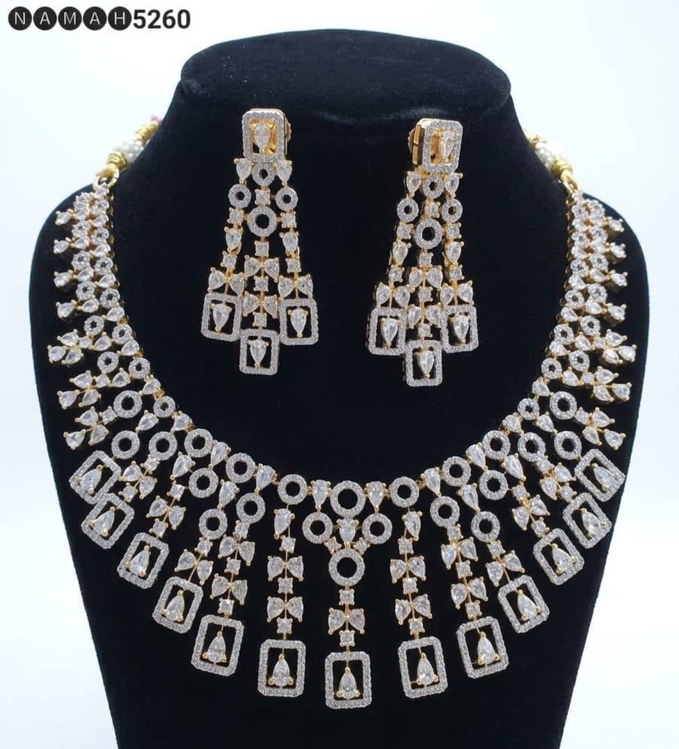 White Gold American Diamond Necklace Jewellery Set