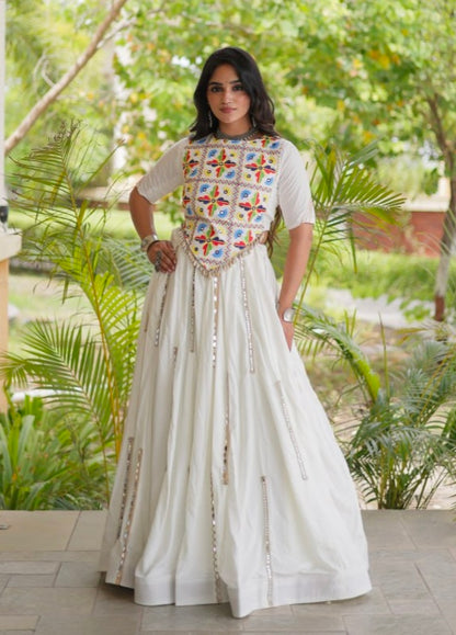 White Pure Cotton With Gamthi Thread Embroidered Work Lehenga Choli
