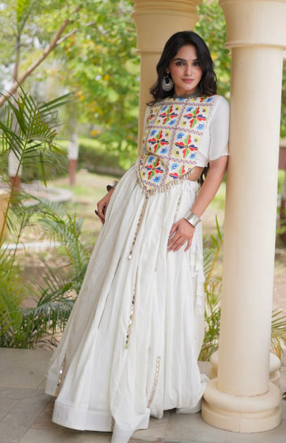 White Pure Cotton With Gamthi Thread Embroidered Work Lehenga Choli