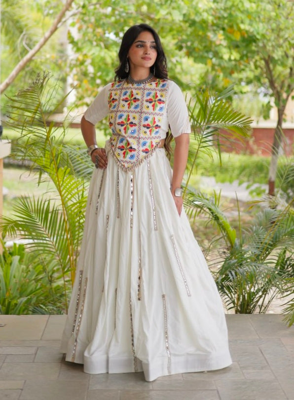 White Pure Cotton With Gamthi Thread Embroidered Work Lehenga Choli