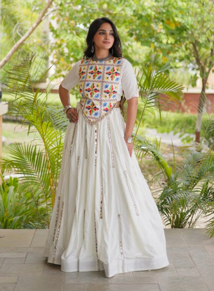White Pure Cotton With Gamthi Thread Embroidered Work Lehenga Choli