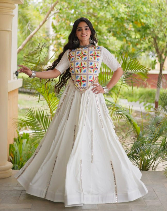 White Pure Cotton With Gamthi Thread Embroidered Work Lehenga Choli