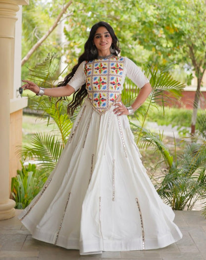 White Pure Cotton With Gamthi Thread Embroidered Work Lehenga Choli