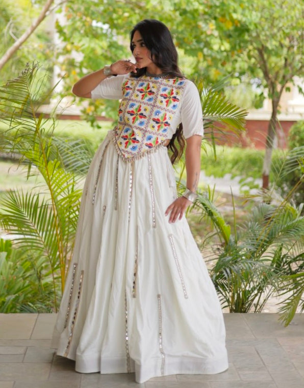 White Pure Cotton With Gamthi Thread Embroidered Work Lehenga Choli