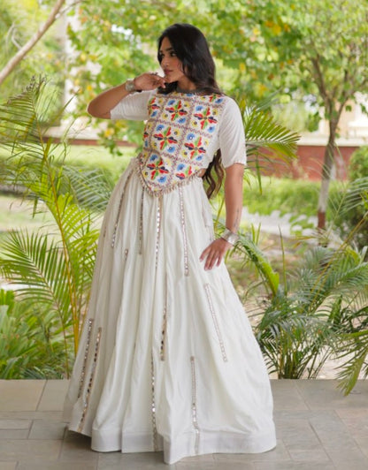 White Pure Cotton With Gamthi Thread Embroidered Work Lehenga Choli