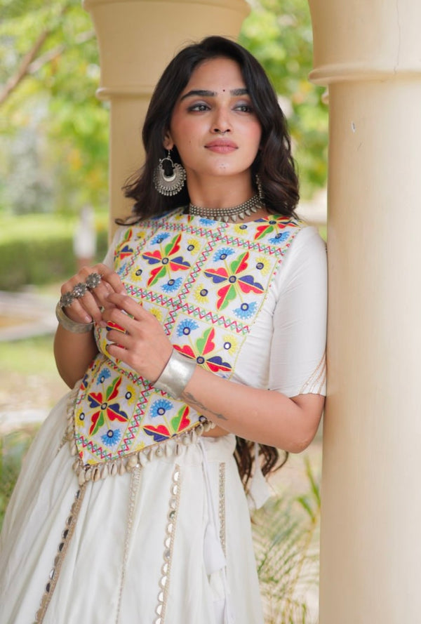 White Pure Cotton With Gamthi Thread Embroidered Work Lehenga Choli