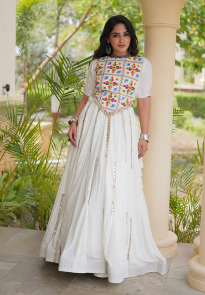 White Pure Cotton With Gamthi Thread Embroidered Work Lehenga Choli