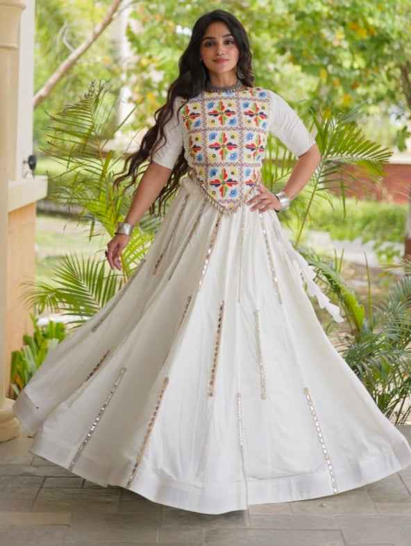 White Pure Cotton With Gamthi Thread Embroidered Work Lehenga Choli