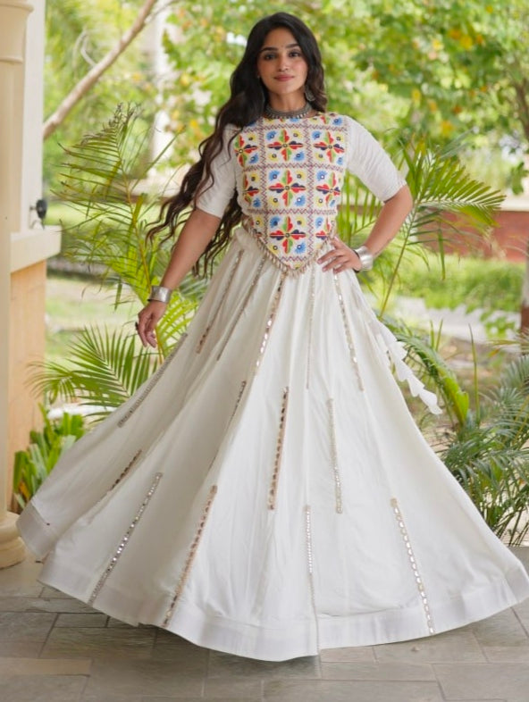 White Pure Cotton With Gamthi Thread Embroidered Work Lehenga Choli