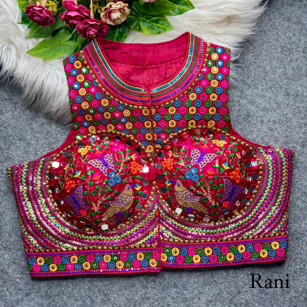 Rani Pure Heavy Italian Soft Silk Beads Thread Real Mirror Work Navratri Blouse