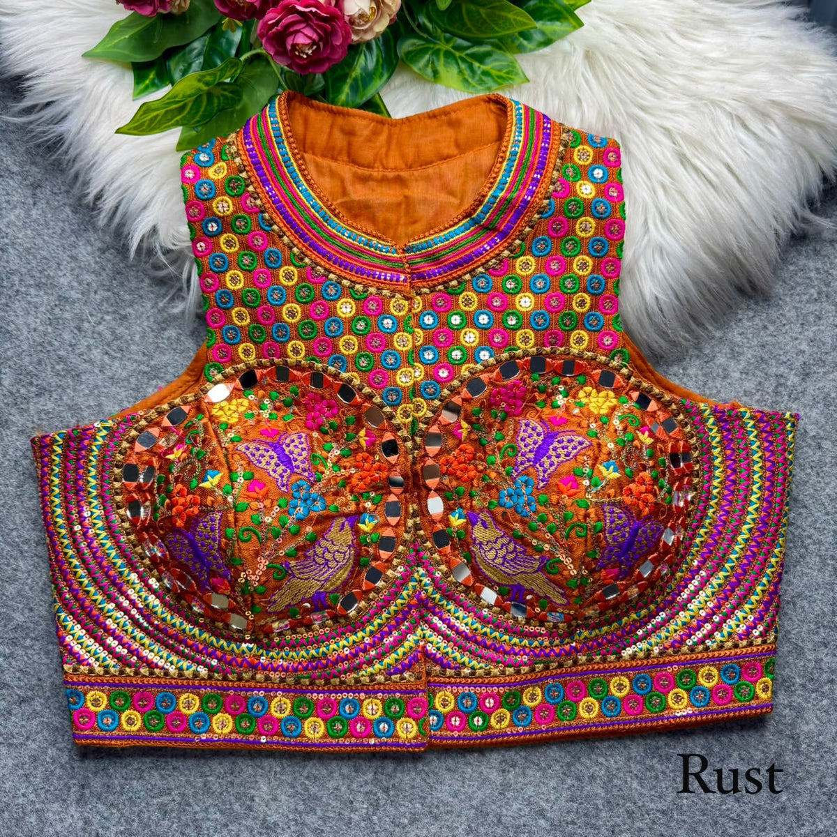 Orange Pure Heavy Italian Soft Silk Beads Thread Real Mirror Work Navratri Blouse