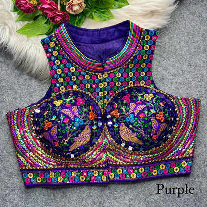 Purple Pure Heavy Italian Soft Silk Beads Thread Real Mirror Work Navratri Blouse