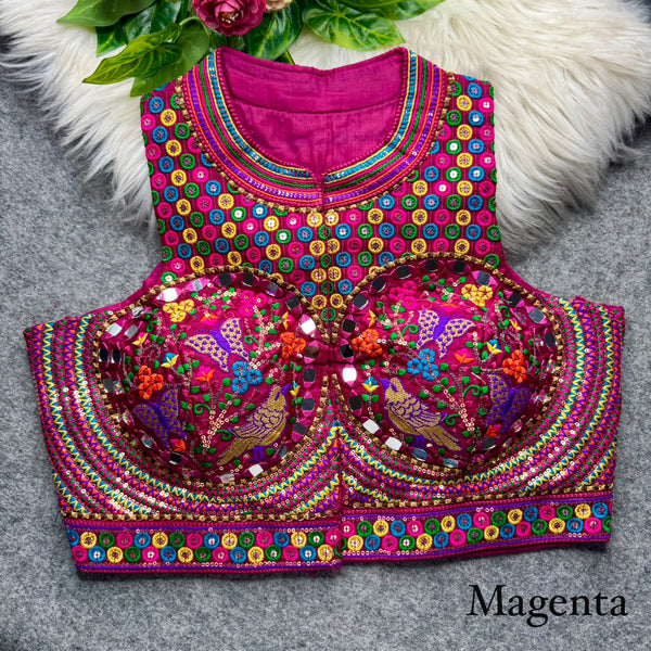 Magenta Pure Heavy Italian Soft Silk Beads Thread Real Mirror Work Navratri Blouse
