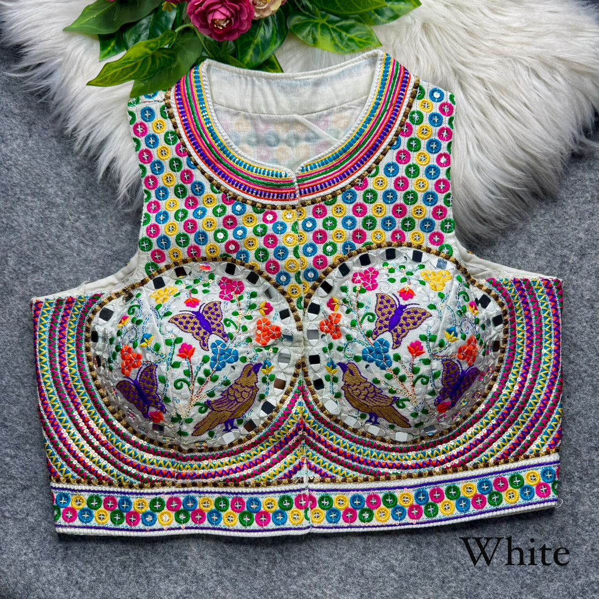 White Pure Heavy Italian Soft Silk Beads Thread Real Mirror Work Navratri Blouse