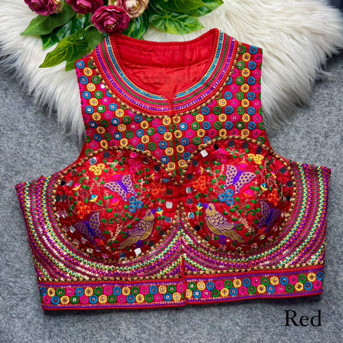 Red Pure Heavy Italian Soft Silk Beads Thread Real Mirror Work Navratri Blouse