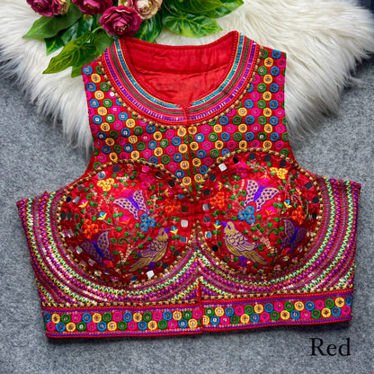 Red Pure Heavy Italian Soft Silk Beads Thread Real Mirror Work Navratri Blouse