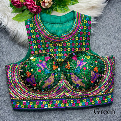 Green Pure Heavy Italian Soft Silk Beads Thread Real Mirror Work Navratri Blouse