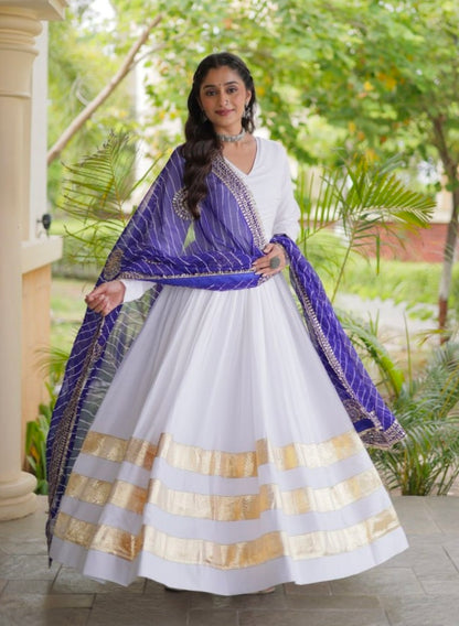 White Pure Cotton With Gamthi Thread Embroidered Work Lehenga Choli