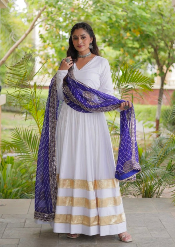 White Pure Cotton With Gamthi Thread Embroidered Work Lehenga Choli