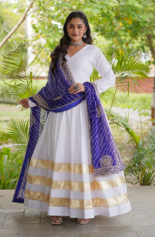 White Pure Cotton With Gamthi Thread Embroidered Work Lehenga Choli