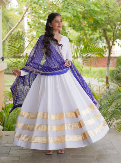 White Pure Cotton With Gamthi Thread Embroidered Work Lehenga Choli