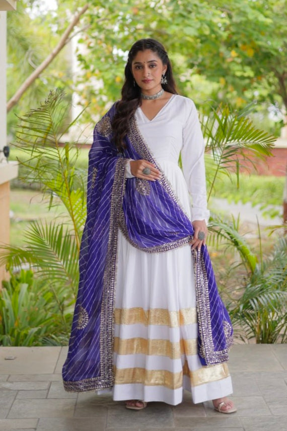 White Pure Cotton With Gamthi Thread Embroidered Work Lehenga Choli