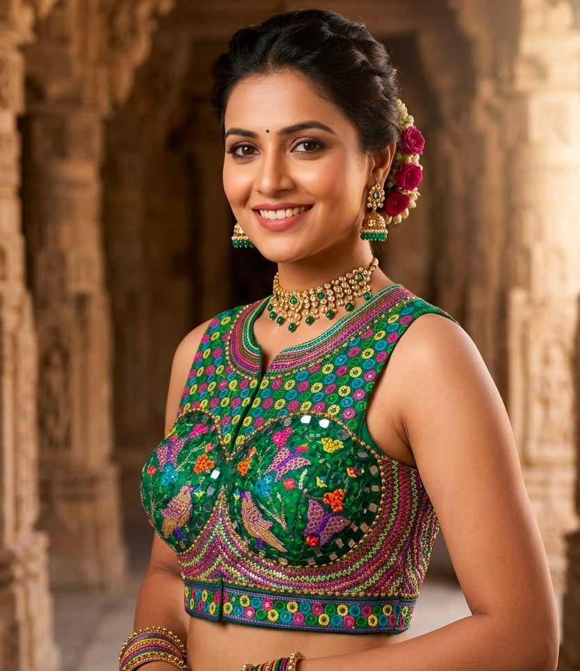 Green Pure Heavy Italian Soft Silk Beads Thread Real Mirror Work Navratri Blouse