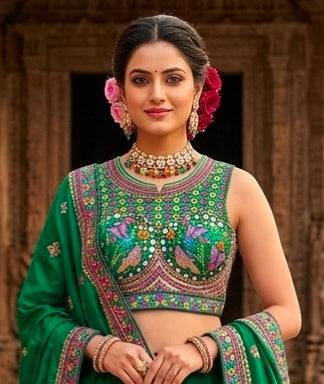 Green Pure Heavy Italian Soft Silk Beads Thread Real Mirror Work Navratri Blouse