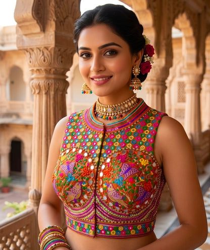 Orange Pure Heavy Italian Soft Silk Beads Thread Real Mirror Work Navratri Blouse