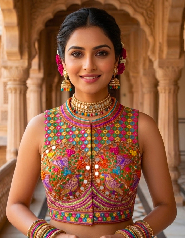 Orange Pure Heavy Italian Soft Silk Beads Thread Real Mirror Work Navratri Blouse