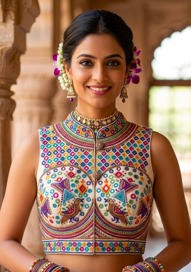 White Pure Heavy Italian Soft Silk Beads Thread Real Mirror Work Navratri Blouse