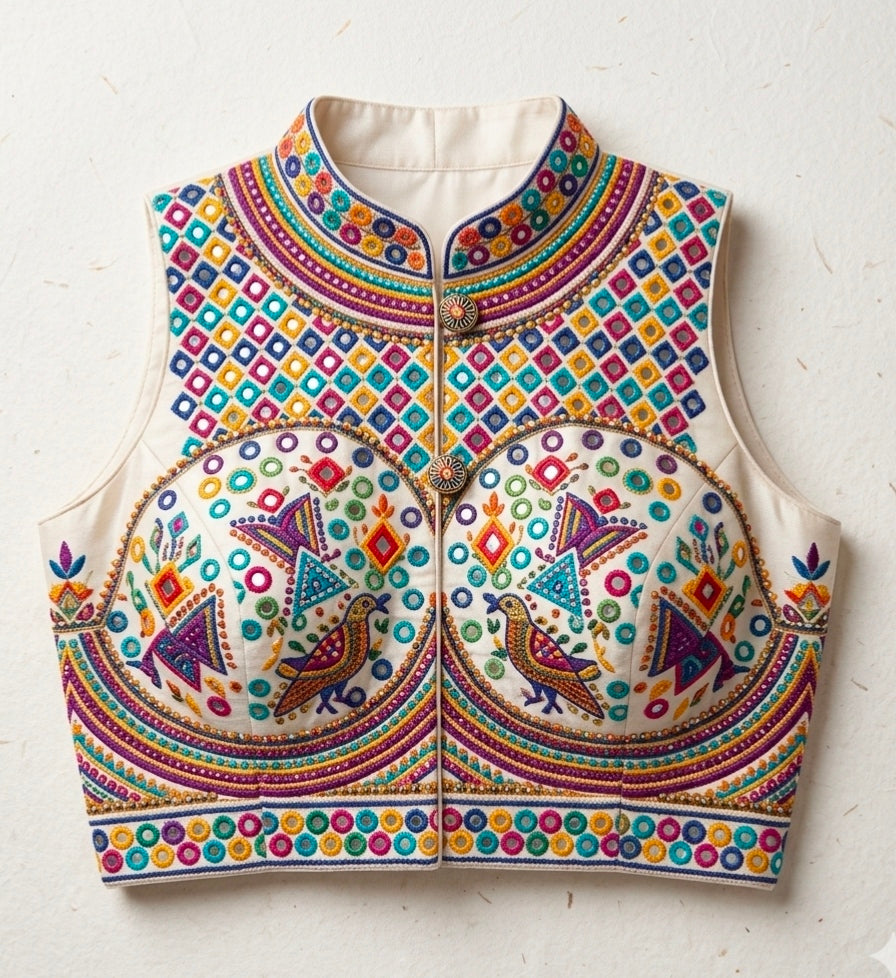 White Pure Heavy Italian Soft Silk Beads Thread Real Mirror Work Navratri Blouse