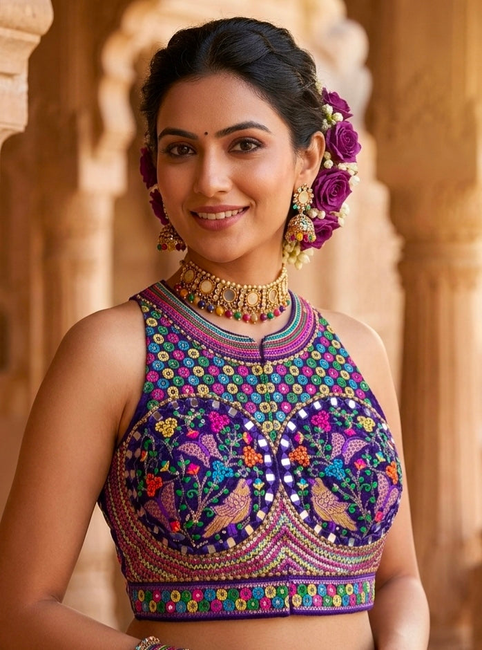 Purple Pure Heavy Italian Soft Silk Beads Thread Real Mirror Work Navratri Blouse