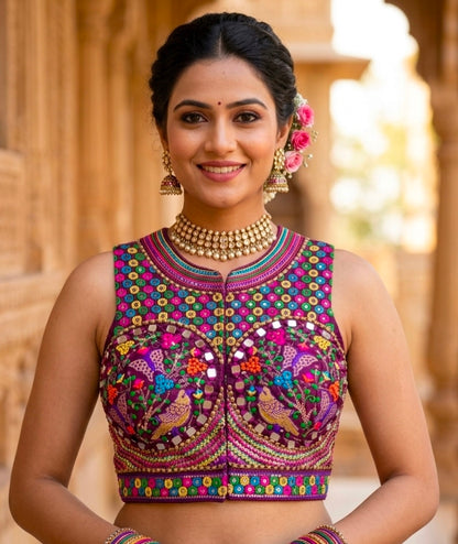 Wine Pure Heavy Italian Soft Silk Beads Thread Real Mirror Work Navratri Blouse